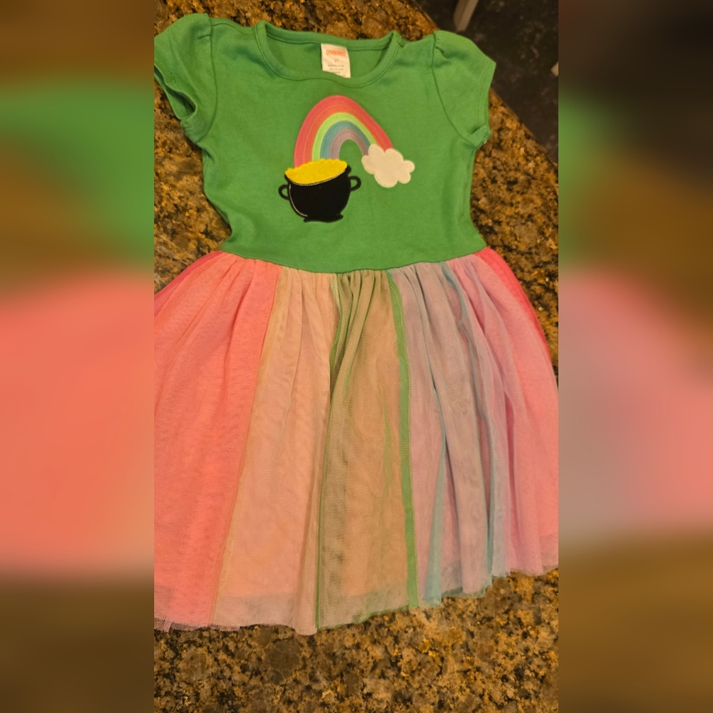 Girl's Green Dress with Rainbow and Multicolor Skirt